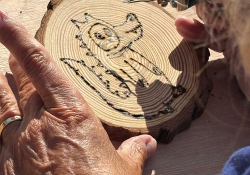 houtschijf met illustratie houtbranden workshop Hello Mojo creatieve workshop hout branden